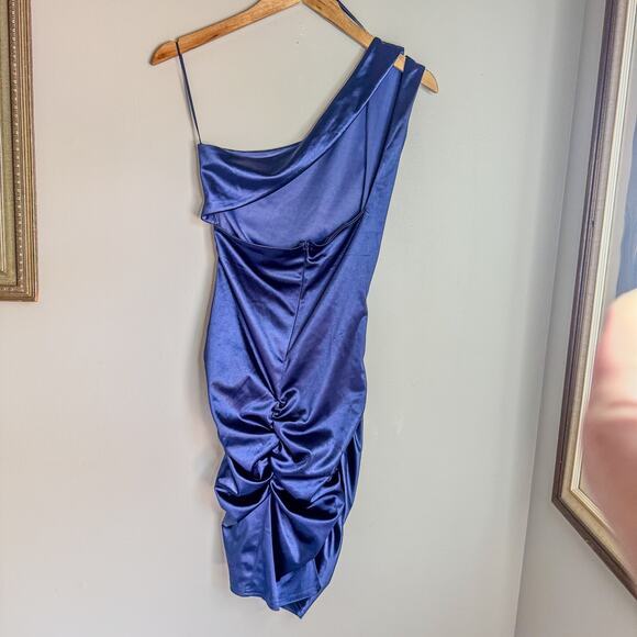 Gianni Bini Dresses & Skirts - GB Gianni Bini Blue Satin One Shoulder Ruched Bodycon Mini Dress Size 7